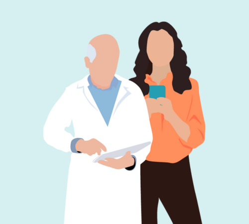 A man in a white health coat standing next to a woman using her phone